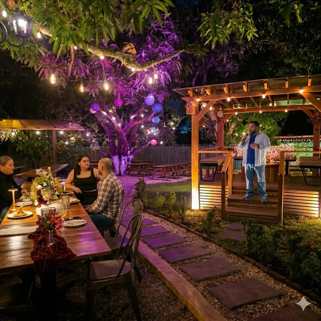 Noche con amigos en el jardín